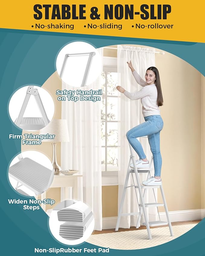GORWARE 4 Step Ladder, Foldable Step Stools 330lbs Lightweight Sturdy Steel Ladder, Portable Folding Stepladder for Home Kitchen Office Garden, White