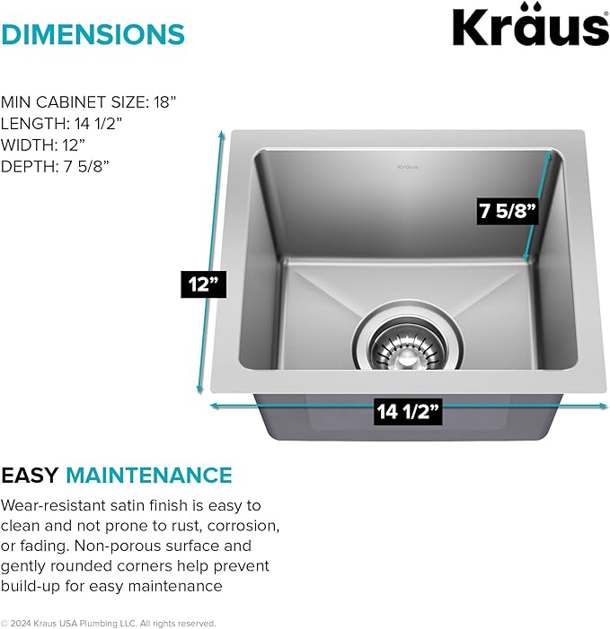 KRAUS Fairlane 15-inch Undermount Single Bowl 18-Gauge Stainless Steel Kitchen Bar Sink, KHU631-15