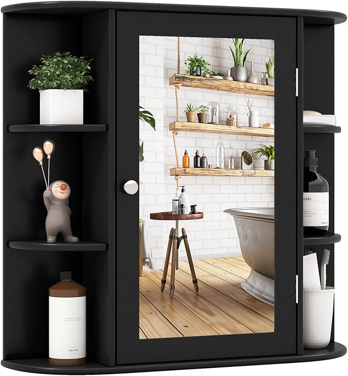 Tangkula Bathroom Medicine Cabinet with Mirror, Wall Mounted Home Storage with Door & 6 Open Shelves, Adjustable Shelves, Mirrored Bathroom Wall Cabinet (Black)