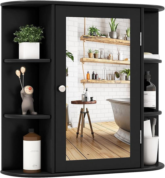 Tangkula Bathroom Medicine Cabinet with Mirror, Wall Mounted Home Storage with Door & 6 Open Shelves, Adjustable Shelves, Mirrored Bathroom Wall Cabinet (Black)