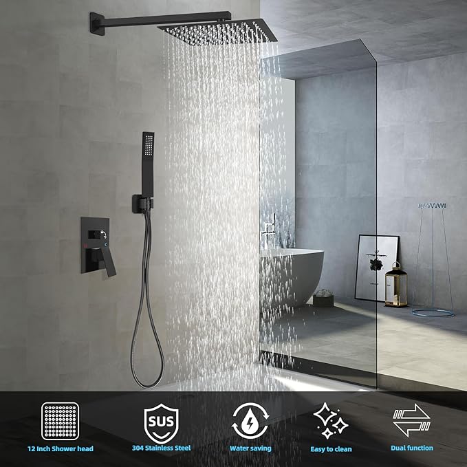 Bathroom Shower Faucet Set，12 Inch Rain Shower Head with Handheld Spray，Brass Shower Valve Trim Kit，Wall Mounted Square Rain Shower System (Matte black)