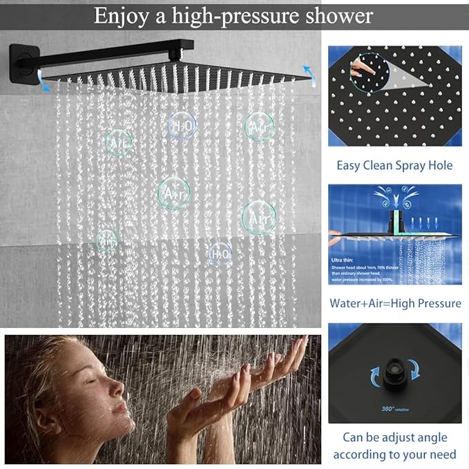Shower Faucet Set 16 Inch Wall Mount Rain Shower System, All Metal Shower Fixtures - Matte Black