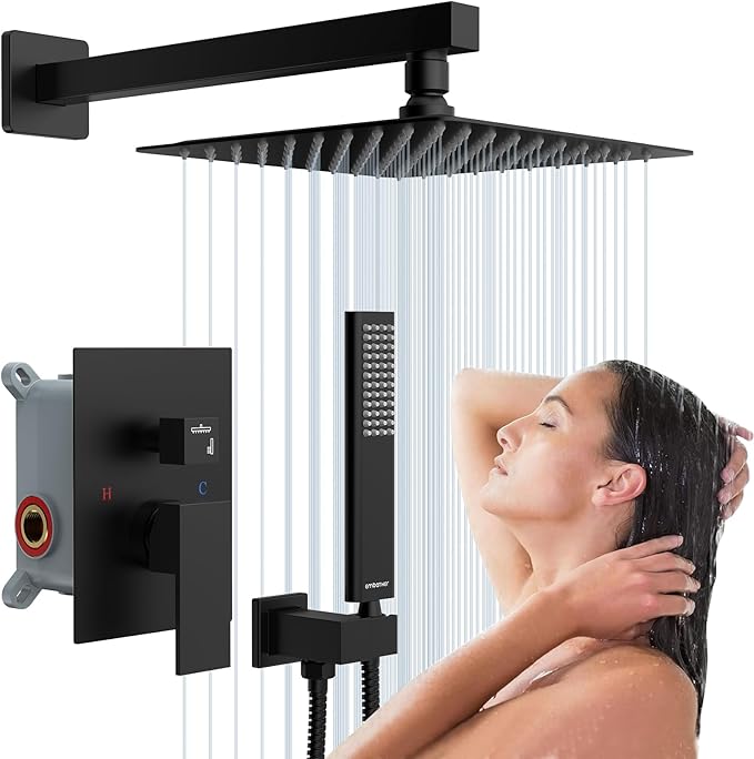 EMBATHER Black Shower System Sets Faucet - 10 Inch Overhead Rainhead Shower Combo Set with Handheld and Valve - Luxury Rain Mixer Rainfall Black Shower Faucets Sets Complete