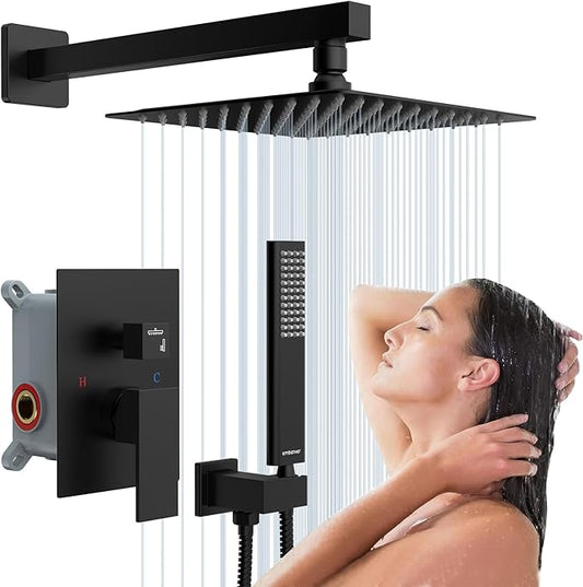 EMBATHER Black Shower System Sets Faucet - 10 Inch Overhead Rainhead Shower Combo Set with Handheld and Valve - Luxury Rain Mixer Rainfall Black Shower Faucets Sets Complete