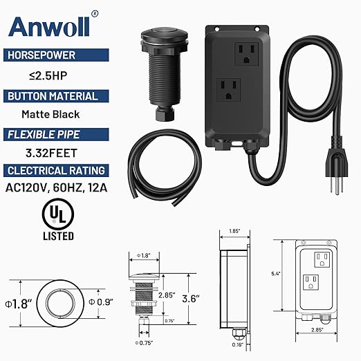 Garbage Disposal Air Switch Kit -Professional- Dual Outlet, Sink Top Waste Disposer On/Off, Garbage Disposal Button, Brass Made Cover, UL Listed