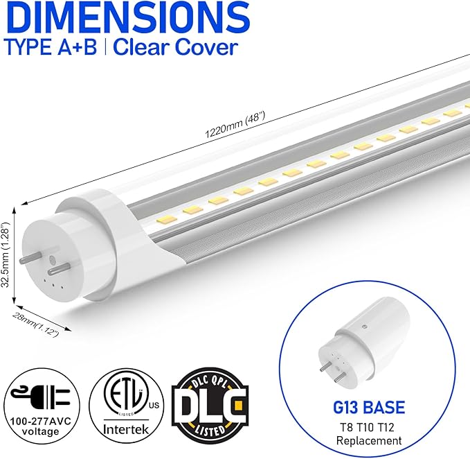 T8 T12 LED Bulbs 4 Foot, 4FT Tube Lights Type A+B Bulbs, 6CCT 3000K-6500K/5 Power(10W-24W) Selectable, T8/T12 4ft Fluorescent Tube Replacement, Plug and Play or Ballast Bypass, ETL DLC(6 Pack Clear)