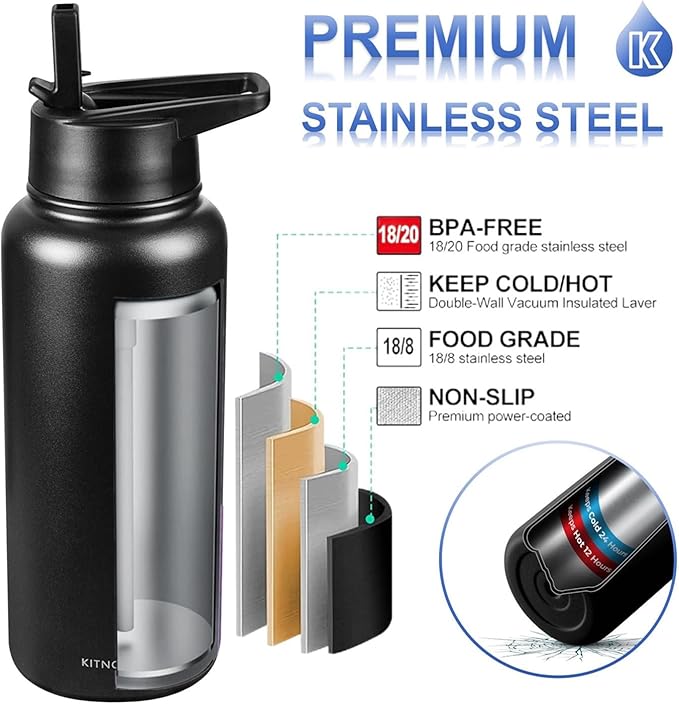 Water Bottle Insulated 32oz Straw Lid, Leak Proof, Vacuum Insulated,Stainless Steel Water Bottle Wide Mouth for Sports, Gym, BPA-Free Keep Cold 24H Hot 12H (BLACK)