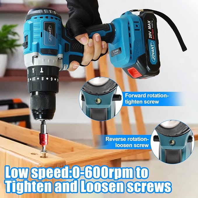 20V Max Cordless Hammer Drill, 1/2" Keyless All Metal Chuck Brushless Impact Drill, Compact Driver Drills for Metal, Wood, Thick Concrete -JOVANT (2 Batteries)