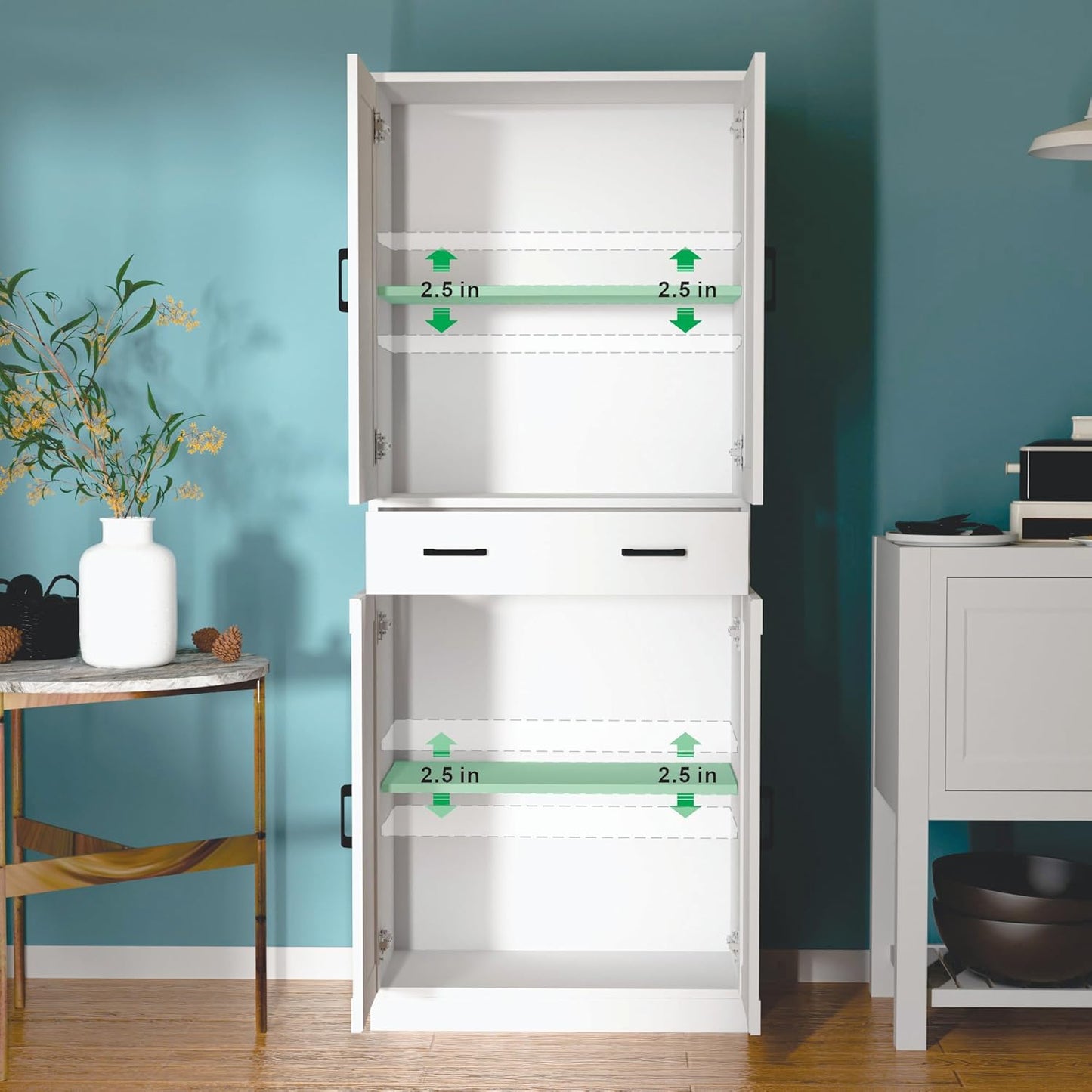 White Kitchen Pantry, 71" Tall Storage Cabinet with Doors and Drawer for Kitchen, Hallway, Office