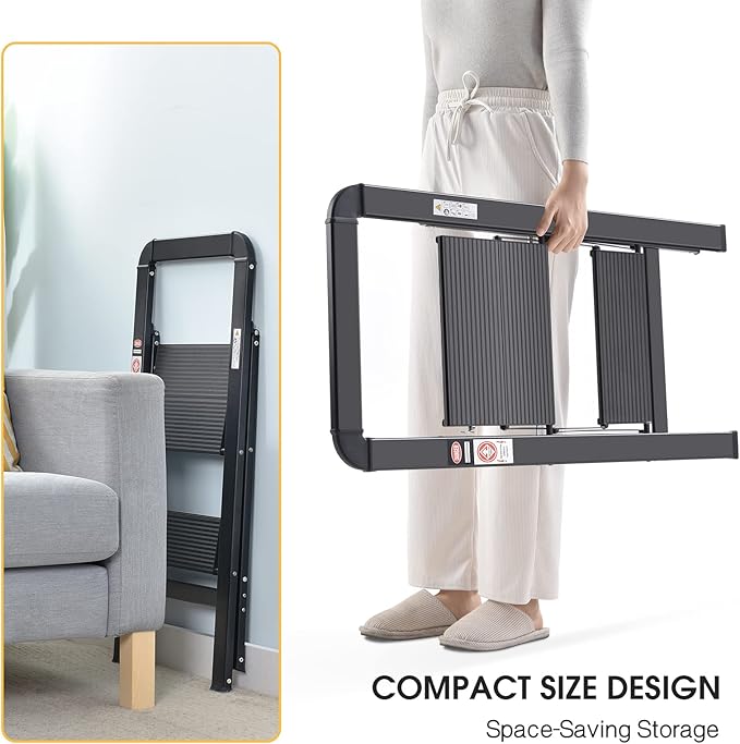 KINGRACK Step Ladder, 2 Steps, Folding Step Ladder with Handrail, Non-Slip Household Ladder with Folding Safety, Aluminium Step Stool, Maximum Load 150 kg, Black