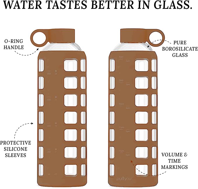 purifyou Premium Glass Water Bottles, 40/32/ 22/12 oz Reusable Drinking Bottle with Time & Volume Markings Silicone Sleeve & Stainless Steel Lid for Water, Coffee, & Fruit Juice (40oz Iced Coffee)