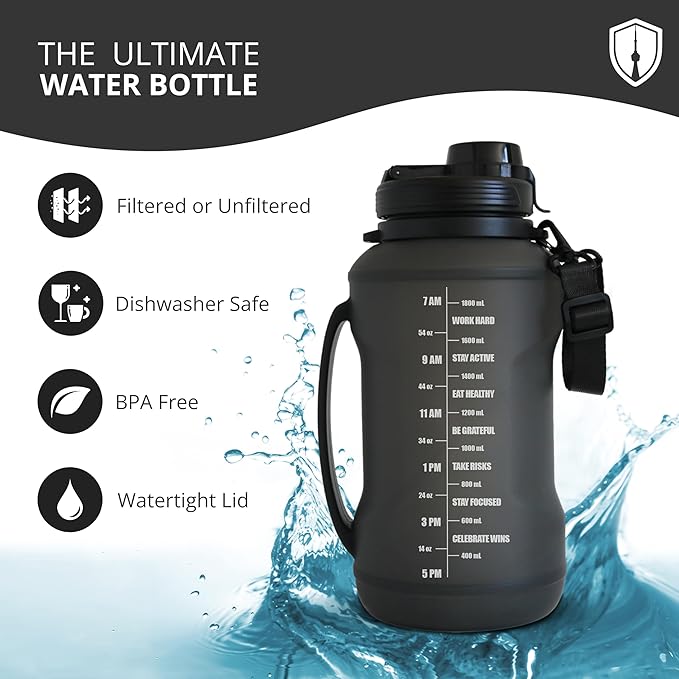Collapsible Water Bottle for Traveling, Workout or Hiking 64oz Gen 2.0 - Motivational Water Bottle with Time Markings - Half Gallon / 2 L Capacity - BPA Free & Dishwasher Safe (Modern Black + Filter)