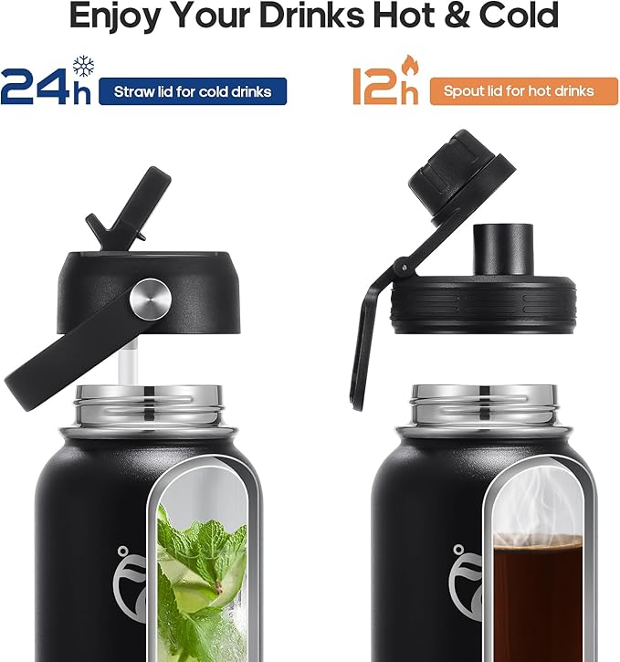 Insulated Water Bottles 32 oz with 2 Leak Proof Lids & Water Bottle Holder, Wide Mouth Sport Water Bottle with Straw, Reusable Stainless Steel Water Flask, Double Walled Vacuum Thermos