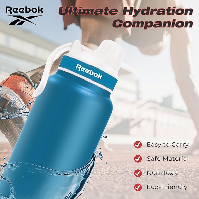 Reebok Athletic Stainless Steel Water Bottle - Insulated Water Bottle 32 oz With Chug Lid - Double Wall Vacuum Insulated Sports Water Bottle, BPA Free