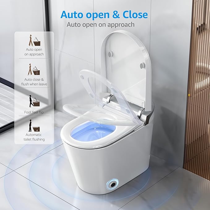 Luxury Smart Toilet with Bidet Built In, Auto Open & Close, Foot Sensor Flush, Heated Seat, Warm Water, Dryer, Tankless Dual Flush Elongated Toilet, Foam Shield, LED Night Light & Remote Control