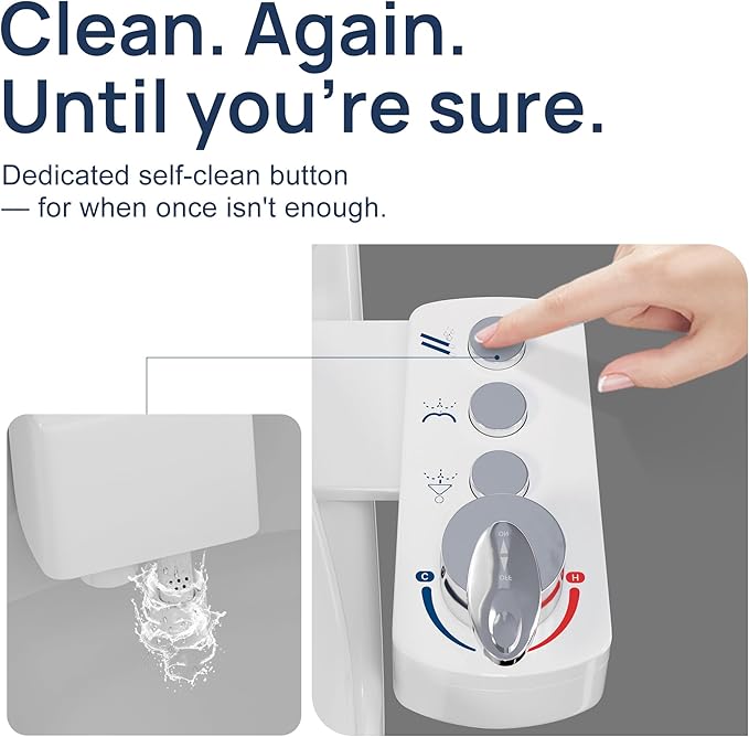 Bidet Attachment for Toilet. Dual Nozzles with Feminine & Rear Wash, Hot and Cold Water, 3-Button Control, Adjustable Pressure & Temperature, Self-Cleaning Sprayeres, Easy Install by Yourself.