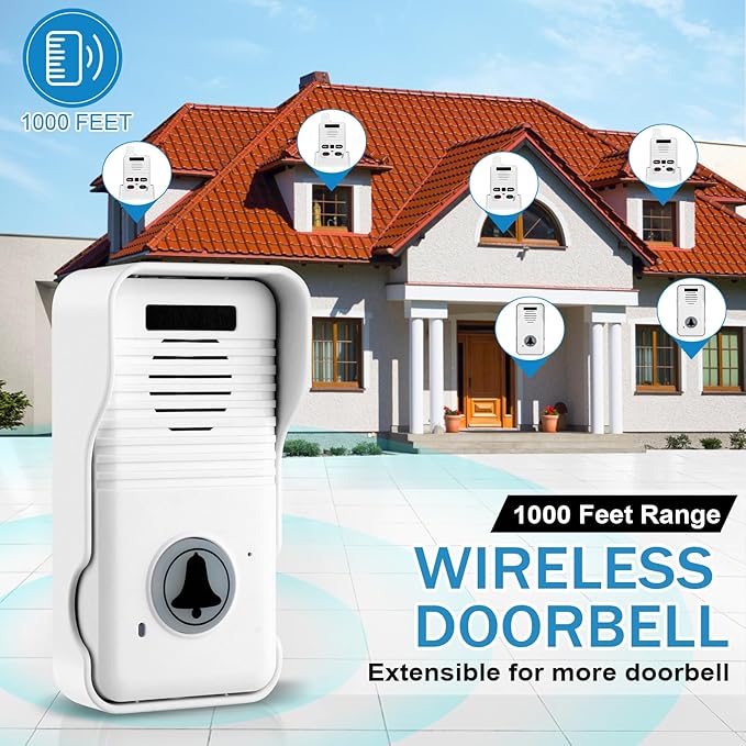 Wireless Doorbell System & Full Duplex Intercom Doorbell Wireless Hands-Free Waterproof Wireless Doorbells for Home Classroom, 1000ft Range, 8 Volume Levels, 4 Chimes, Easy Install(2 Packs, White)