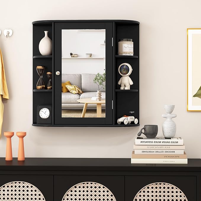 Tangkula Bathroom Medicine Cabinet with Mirror, Wall Mounted Home Storage with Door & 6 Open Shelves, Adjustable Shelves, Mirrored Bathroom Wall Cabinet (Black)