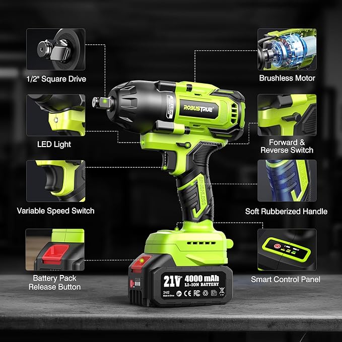 Cordless Impact Wrench, 885Ft-lbs (1200N.m) 1/2" Brushless Impact Gun, 21V High Torque Power Impact Driver, 2x4.0Ah Batteries Electric Impact Motor Variable Speeds for Car/Truck RV/Mower