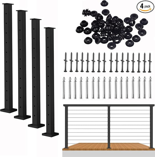 Cable Railing Post - Stainless Steel Square Fence Post for Deck Cable Railing System (36" Level-drilled-4 Pack, Black)