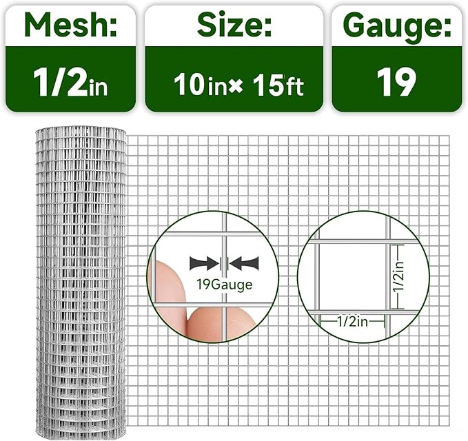 Hardware Cloth 1/2inch 10inx15ft 19 Gauge,Double-Layer Hot-Dip Galvanizing After Welding,Chicken Wire Netting Garden Wire Fencing Rabbit Snake Fence Chicken Coop Plant Supports