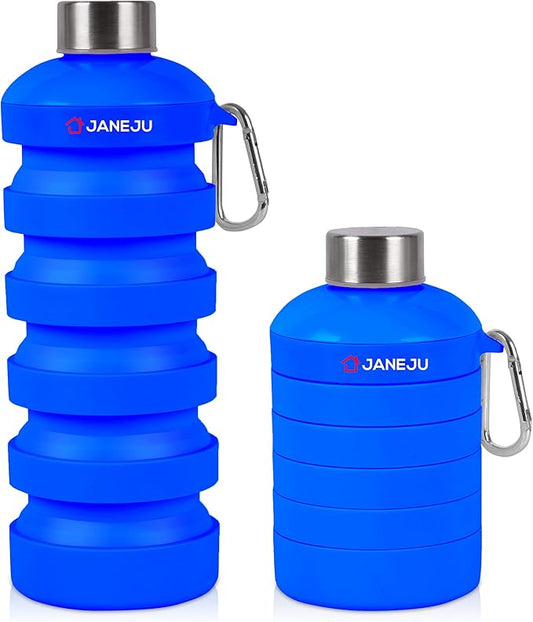 JaneJu Collapsible Water Bottle, 32oz BPA Free Silicone Reusable Portable Lightweight Foldable Water Bottles with Carabiner, Leak Proof Sports Water Bottle with Stainless Twist Cap (Navi Blue)