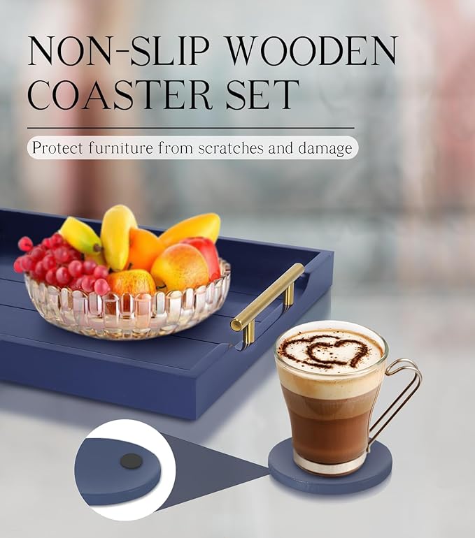 Coffee Table Tray - Large Ottoman Tray for Living Room - Wood Serving Tray with Handles(2 Sets) - Wooden Trays for Coffee Tables, 4 Round Coasters Included, Deep Blue