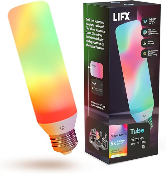 LIFX Opal Color Tube Smart LED Bulb, 104 LEDs with 52 Zones, Polychrome Flame & Morph Modes, Tunable White 1500K–9000K, Dimmable Wi-Fi RGBW Tube Light, Works with Alexa, Google, Siri, LFX/T10L/OP