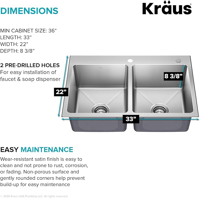 KRAUS Fairlane 33-inch Drop In/Top Mount Double Bowl 18-Gauge Stainless Steel Kitchen Sink, KHT632-33