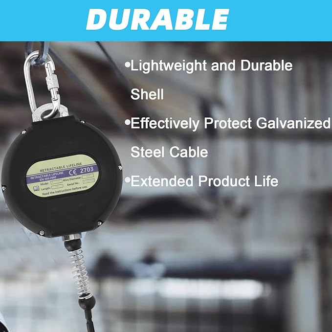 20 FT Retractable Safety Lanyard, Self Retracting Lanyard 20 FT with Inside Shock Absorber, No Tangle-20 Foot Retractable Fall Protection Lanyard Galvanized Steel Cable for Fall Arrest Roofing Gear