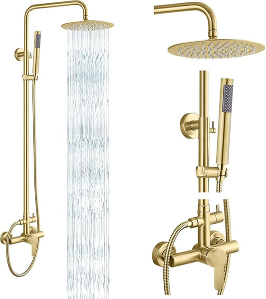 gotonovo Outdoor Shower Fixtures SUS304 Stainless Steel Rain Shower Kit Faucet High Pressure Wall Mount 2 Dual Function 8 Inch Showerhead and Handheld Spray Combo, Single Handle, Brushed Gold