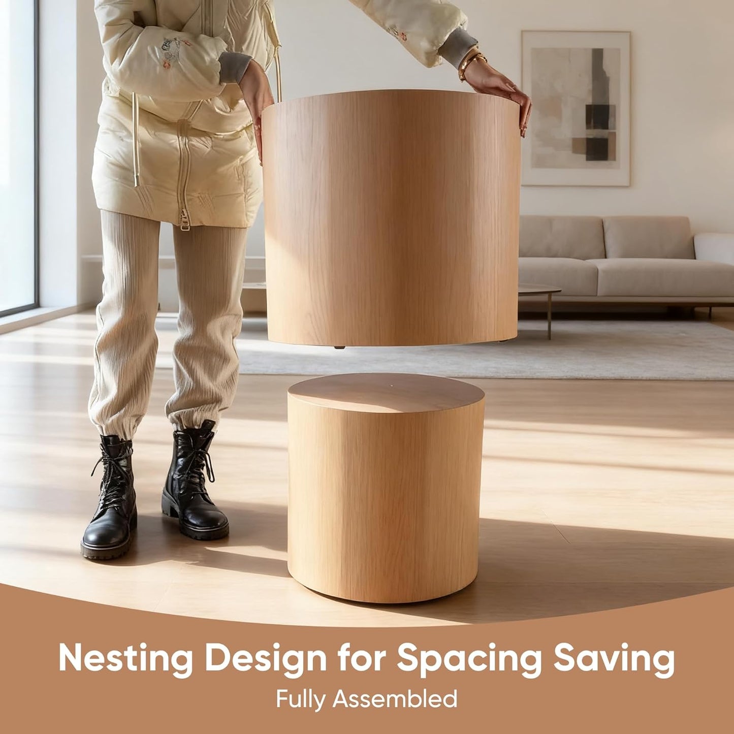 Nesting Round Coffee Table Set of 2, Small Circle Accent End Table for Small Spaces, Morden Drum Side Table, Wooden Center Table for Living Room, Fully Assembled - Natural