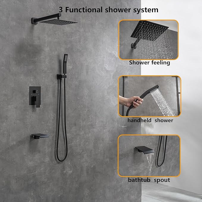 Rainfall Shower System with Tub Spout，Bathroom Rain Shower Head 10 Inch， Three-functions Shower Faucet Set Luxury Rain Shower Head Set，Shower Faucet Combo，Black
