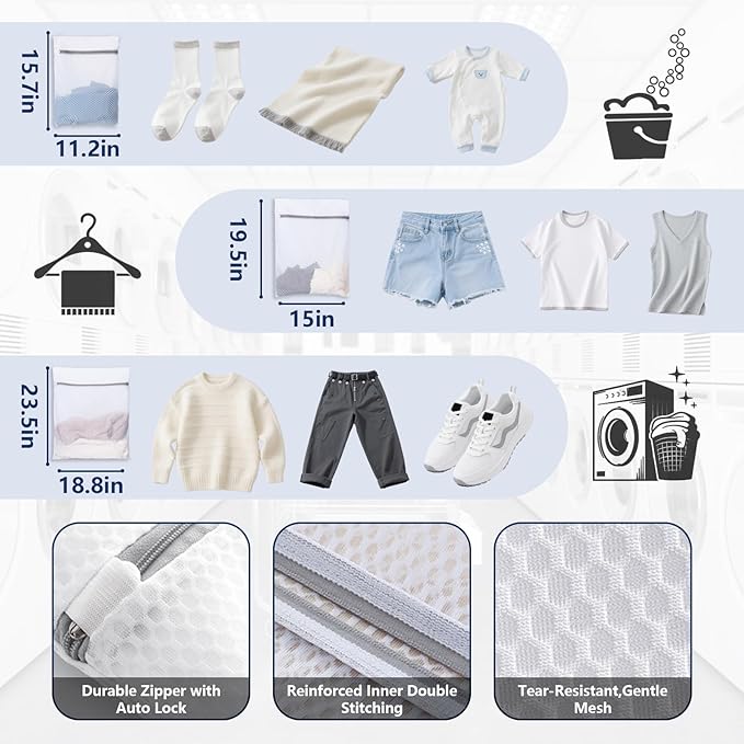 Laundry Bag Backpack with 3 Sizes Mesh Wash Bags and Shoulder Straps Foldable Laundry Hamper for College, Apartment, Laundromat (Black)