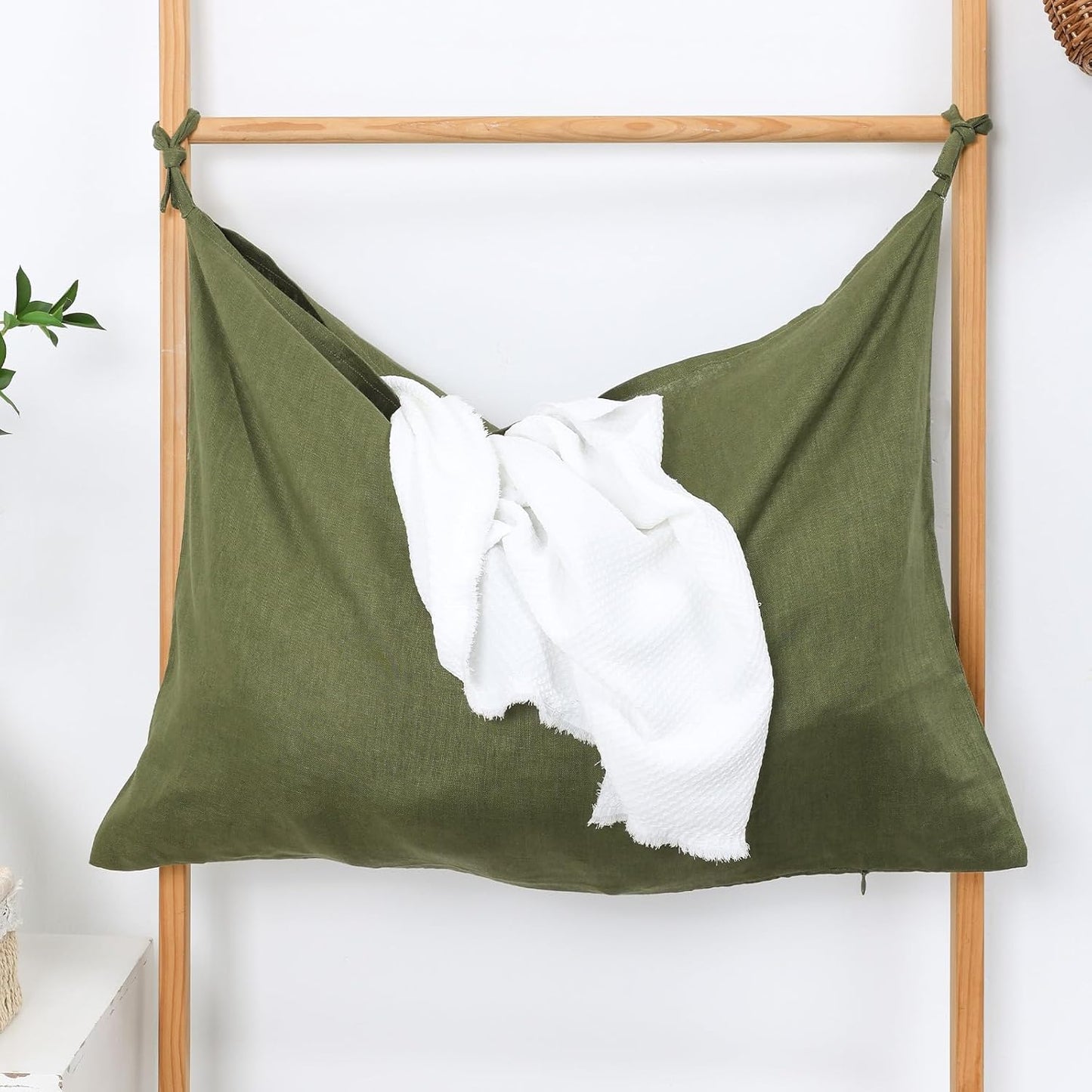 Hanging Linen Laundry Bag, 100% Pure Flax Linen Over The Door Hamper with Bottom Zipper for Laundry Room, Household Dirty Cloth Storage Organizer Bag, Army Green