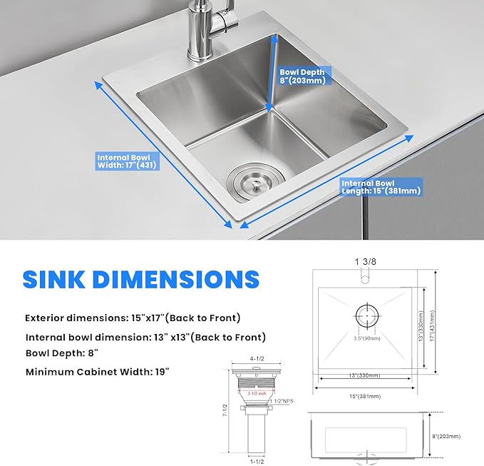 POPFLY 15 Inch Bar Prep Sink, SUS 304 Stainless Steel Top mount Handmade Single Bowl 18 Gauge Drop In Kitchen Small Rv Sink, Brushed Nickel (15×17×8)
