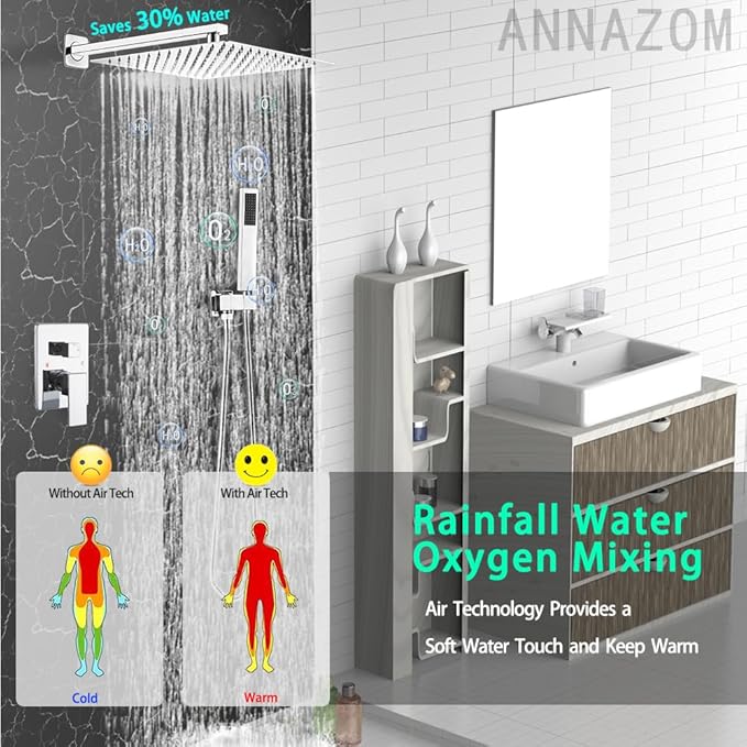 Shower Faucet Set Polished Chrome Surface Large 12 Inch Shower Head Handheld Shower Combo Set High Pressure Recessed Wall Mount, Chrome