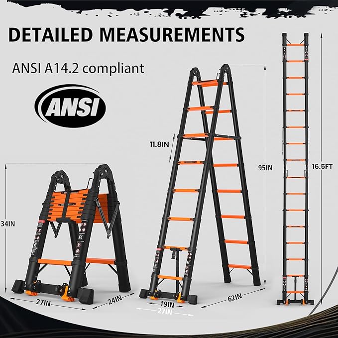 16.5 FT Telescoping A Frame Ladder, 8 Step, ANSI Certified, Type I Heavy Duty, 330lbs Max Capacity, Aluminum Extension Ladder for Home, Roof, RV; Orange