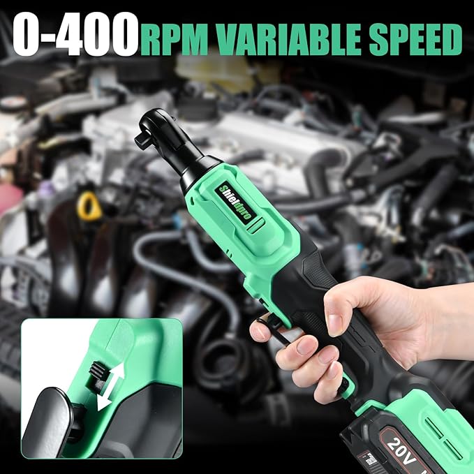 ShieldPro 20V Cordless Ratchet Wrench Set - 3/8" Electric Power Ratchet Kit with 400RPM, LED Work Light, and 2 Batteries, Fast Charger, Sockets, Adapters and Extension Bars (Green)