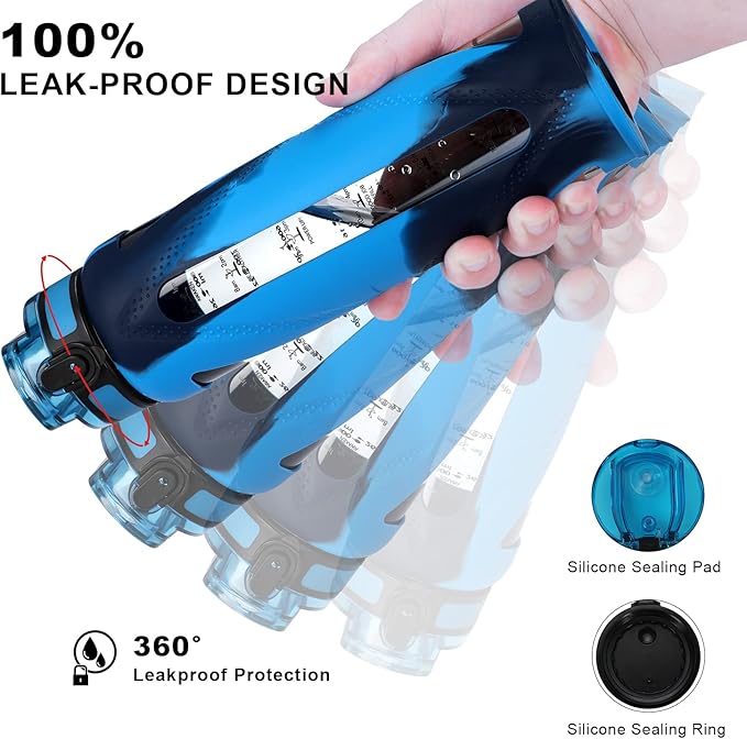 GOPPUS Glass Water Bottles with Straw and Flip Lid, Motivational Water Bottles with Time Marker Reminder and Silicone Sleeve, Leakproof, BPA Free (32 oz, Blue Mixed)
