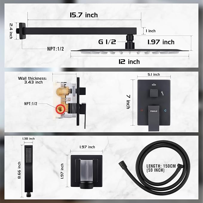 12 Inch Rainfall Shower System - Wall Mounted Complete Combo with Solid Brass Pressure Balancing Valve, High Pressure Shower Head, Handle Set & Installation Accessories Matte Black