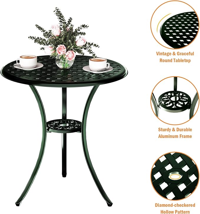 3 Piece Patio Bistro Set, Outdoor Bistro Table and Chairs Set of 2 w/Umbrella Hole, Rust-Resistant Cast Aluminum Bistro Set for Garden/Balcony/Backyard, Green