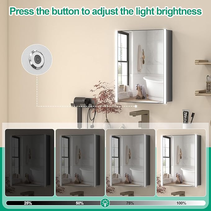 16x20 Inch Medicine Cabinet with LED Light Mirror, Brightneess Adjustable and Full-Assembled Bathroom Aluminum Cabinet with Storage, Surface or Recessed Tempered Cabinet, Farmhouse Black