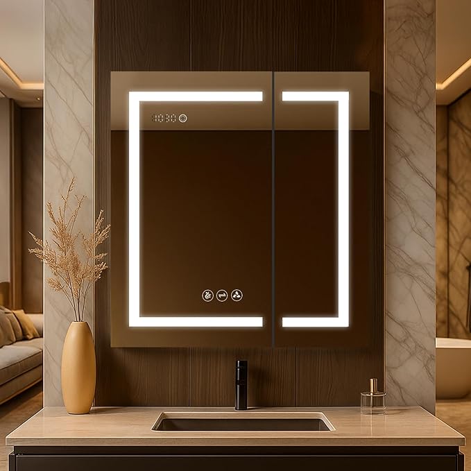 BLOSSOM Recessed or Surface LED Mirror Medicine Cabinet with Lights, LED Medicine Cabinet w/Defogger, Dimmer, 3X Makeup Mirror, Outlets & USB (30x32/Zoom Mirror)