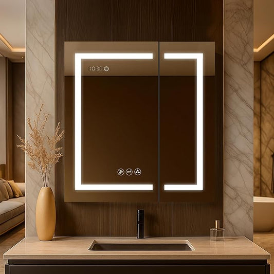 BLOSSOM Recessed or Surface LED Mirror Medicine Cabinet with Lights, LED Medicine Cabinet w/Defogger, Dimmer, 3X Makeup Mirror, Outlets & USB (30x32/Zoom Mirror)