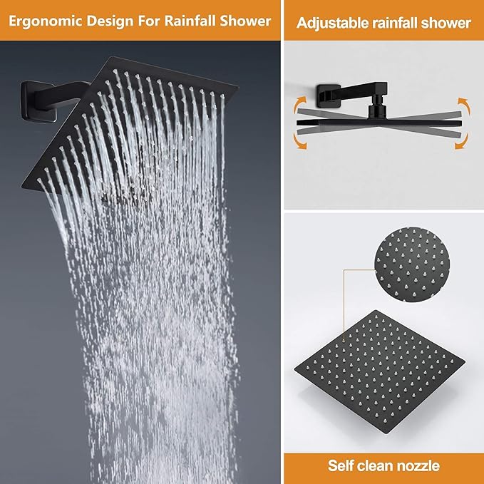 Shower System with Handheld Shower, Rainfall Shower Faucet Set with 10 Inch Shower Head and Handheld Wall Mounted Bathroom Shower System Faucet Set Rough-in Valve and Trim Kit, Matte Black
