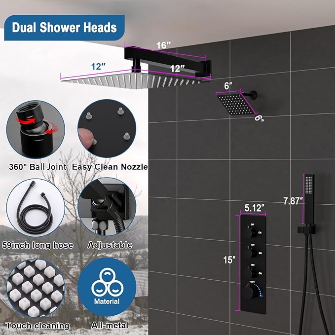 Enga Thermostatic Dual Shower System, 12"+6" Wall Mount Dual Rain Shower Faucet, All Functions Use Together & Volume Adjustable, Matte Black