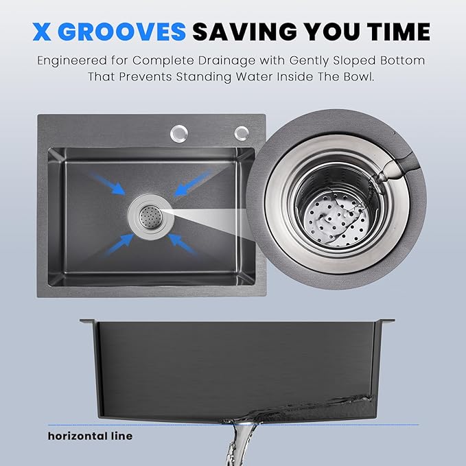 POPFLY 23 x 18 Inch Drop in Kitchen Sink, 304 Stainless steel Overmount Single Bowl Utility 9 Inch Deep Small Sink, Radius Handmaed Bar Prep Sink, Black