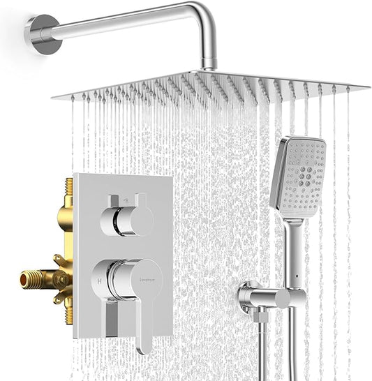 Shower Faucet Set - 12 inches Rain Shower System with 6 Function Handheld Shower Head Rough in Pressure Balance Valve Kit - Stainless Steel Bathroom Shower Kit Complete （Polished Chrome）