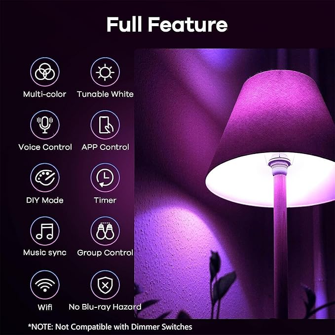 Linkind Matter Smart Light Bulb, Smart Bulbs Work with Apple Home/Siri/Alexa/Google Home/SmartThings, LED Color Changing Light Music Sync RGTBW, Smart Home, 60W 800LM A19 E26 2.4Ghz WiFi Only, 2 Pack